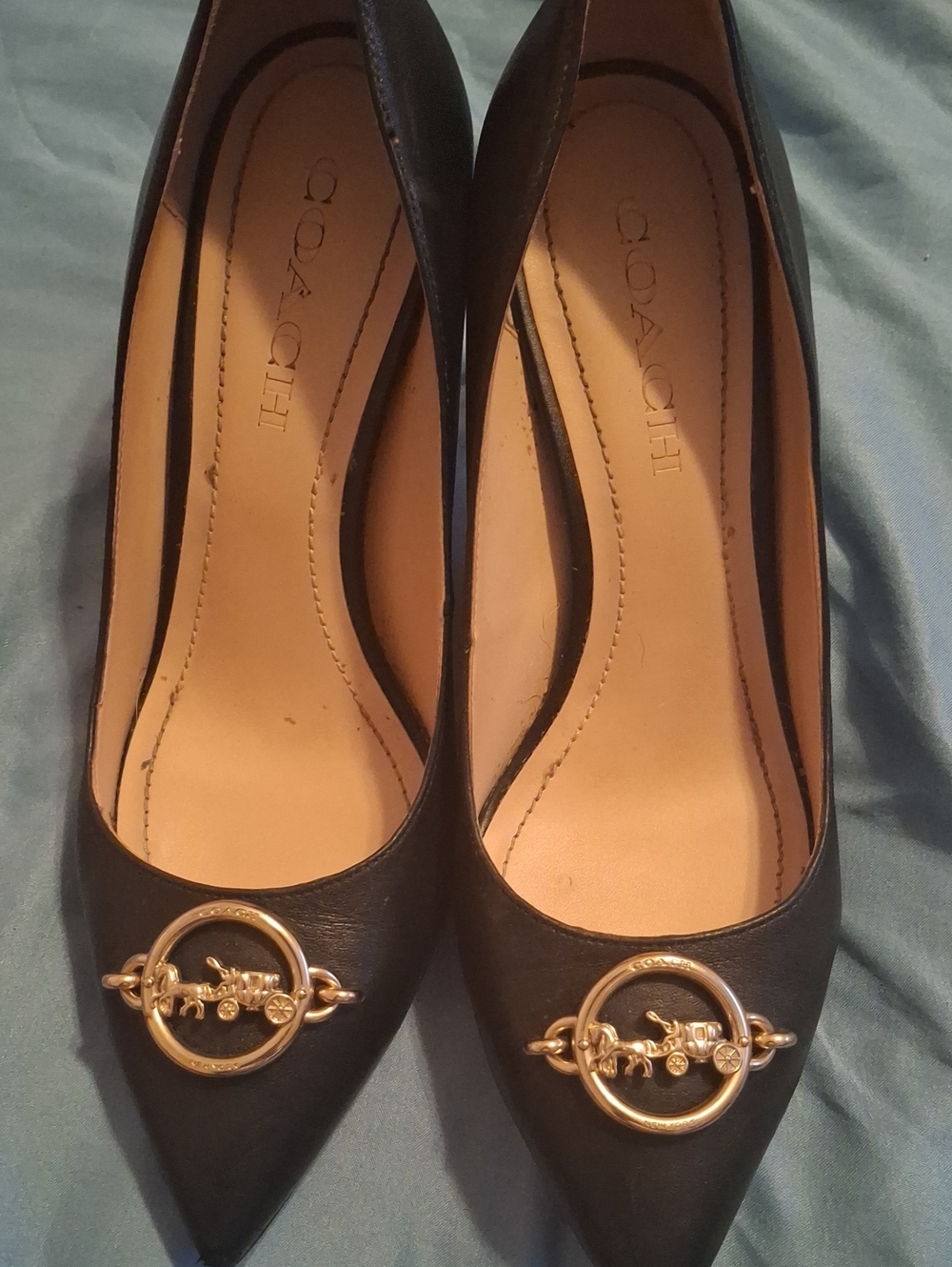 Coach Black Pointed Toe Leather Heels with Gold Horse & Carriage Hardware